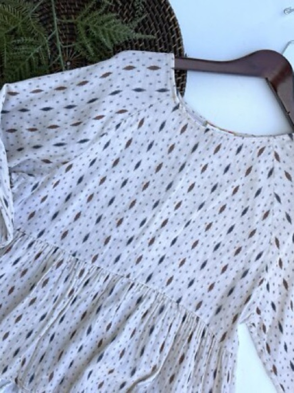 Anthropologie Cream Tunic with Brown & Gray Dot Motif